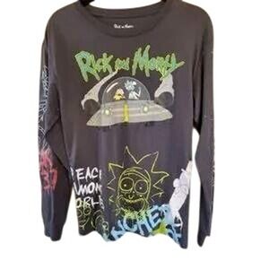 Rick and Morty Long Sleeve Graphic Tee Charcoal Gray Graffiti Print Mens Small